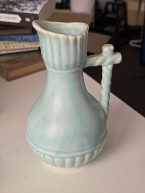 McCoy Pottery Aqua Ceramic Pitcher Vase with Twisted Handle